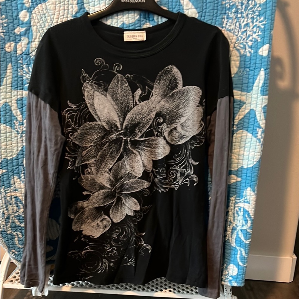 Black and Gray Floral Long Sleeve Shirt